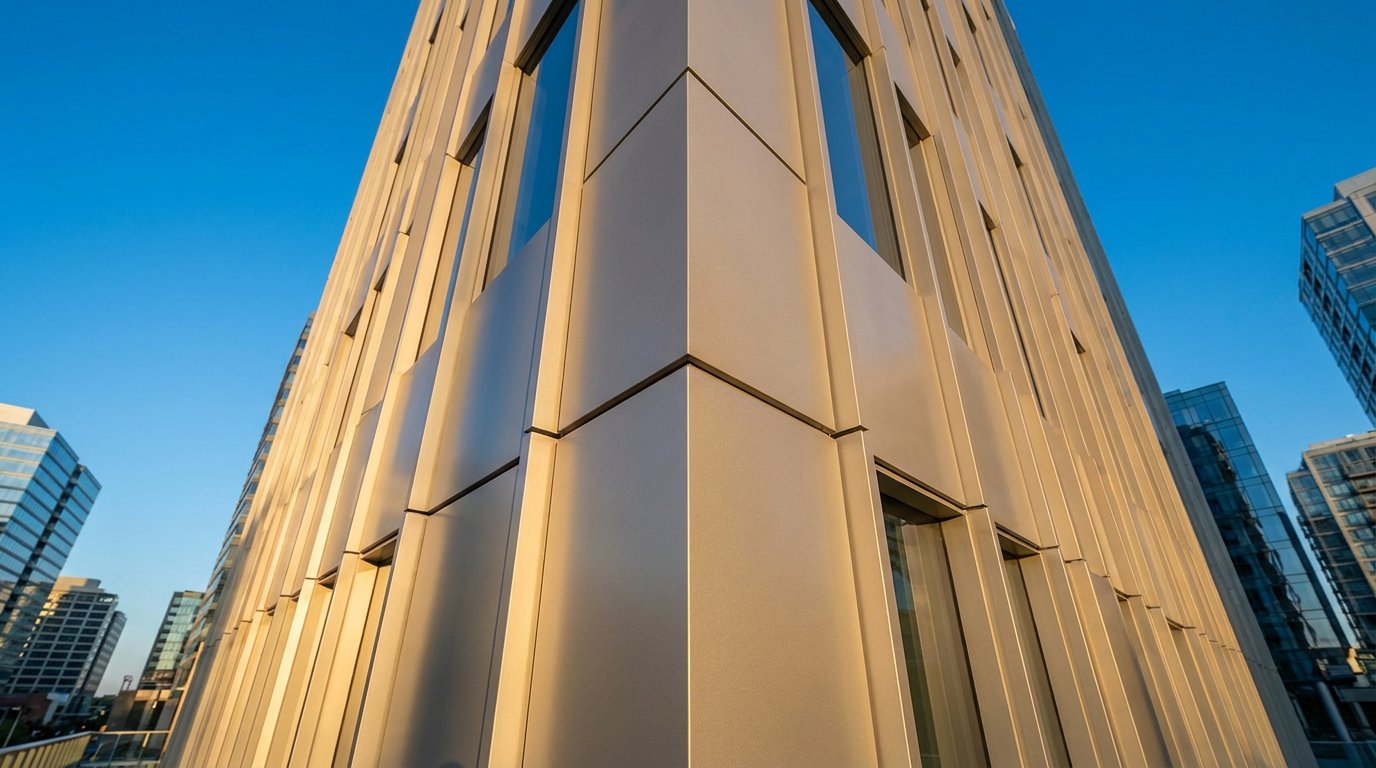 Home PVDF coated aluminum veneer panel facade on modern high-rise building, champagne metallic finish