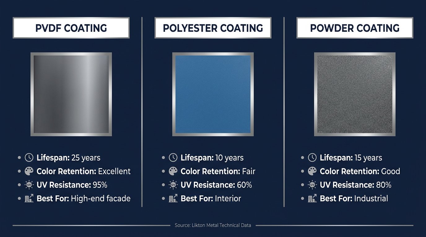 PVDF Aluminum Veneer Panel: Complete Specifier Guide 2026 PVDF vs Polyester vs Powder Coating performance comparison chart for aluminum veneer panels