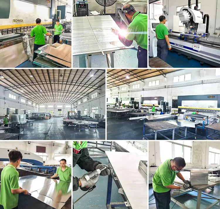 Home Likton aluminum panel factory showing cutting, bending, welding, CNC machining, and workshop production