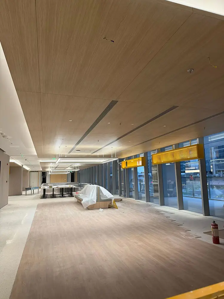 Likton wood grain aluminum baffle ceiling in a commercial interior space