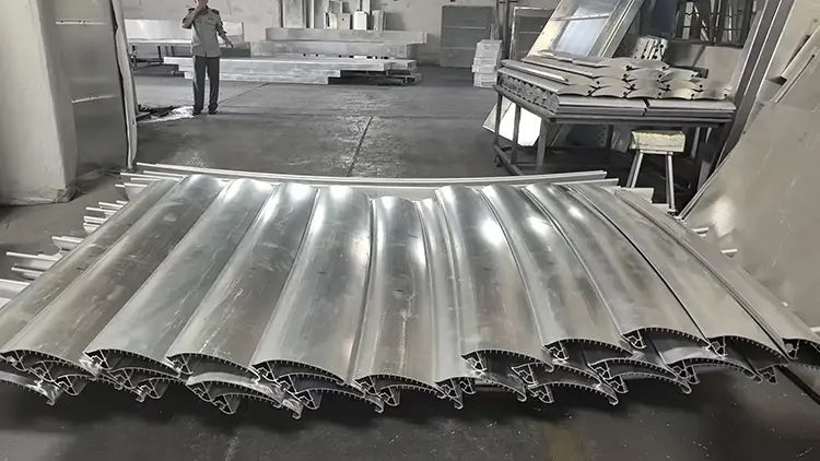Curved Aluminum Cladding Panels: Radius, Joints and Buying Checks Batch of curved linear aluminum profiles arranged for factory inspection