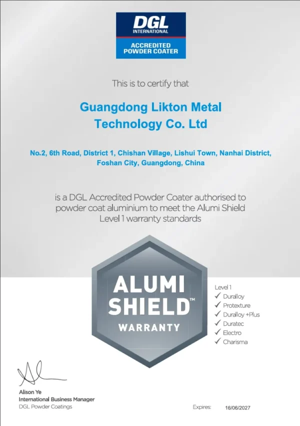 DGL International accredited powder coater certificate with Alumi Shield Level 1 warranty