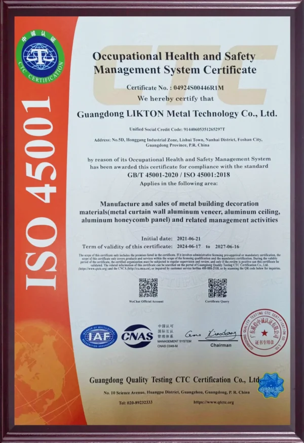 ISO 45001:2018 occupational health and safety management system certificate