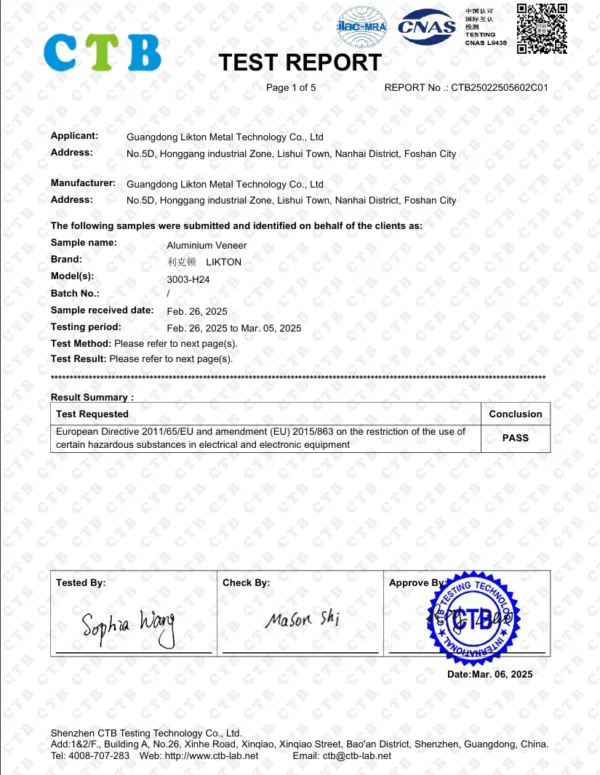 CTB RoHS test report for aluminium veneer, EU Directive 2011/65/EU, PASS